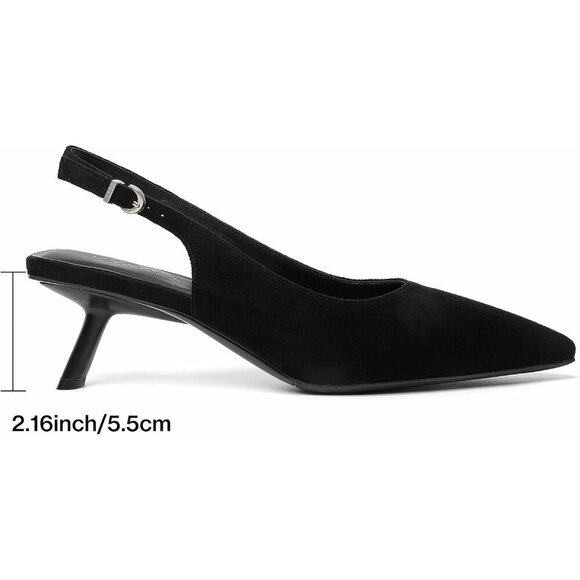 Mostrin Kitten Heel Black Suede Low Slingback Heels with Buckle Dress Shoes - Picture 2 of 9